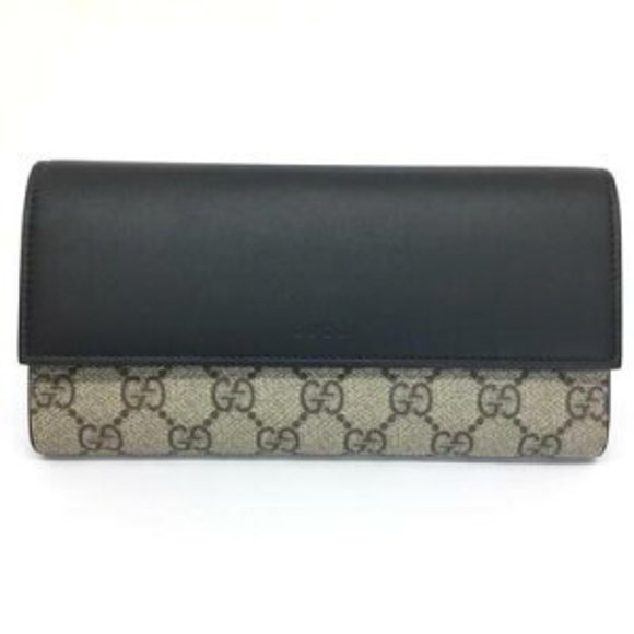 Gucci Tri Leather Long Black Beige Supreme GG Wallet Brown - Picture 1 of 7